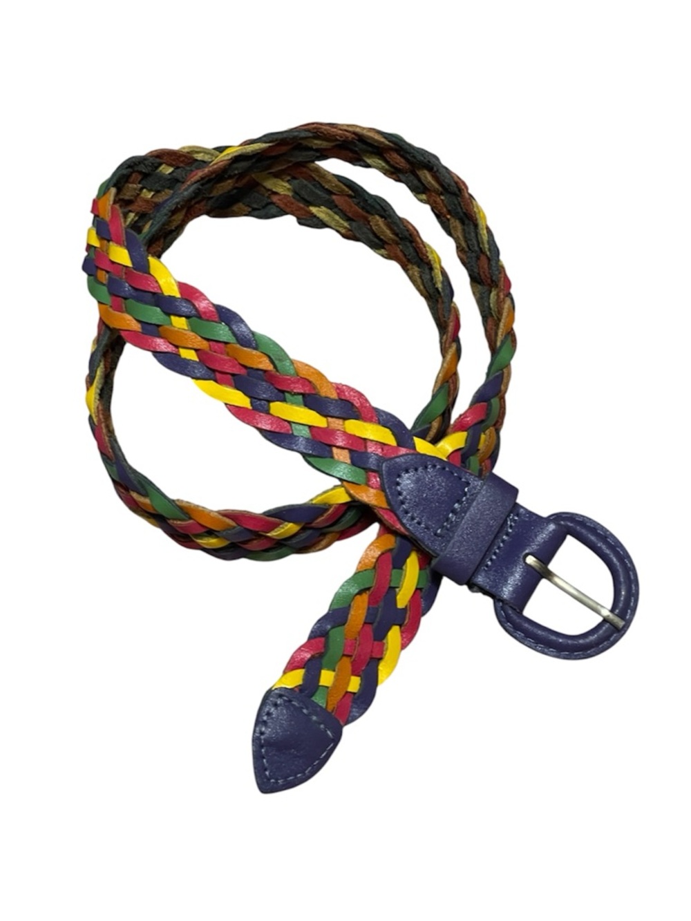 Vintage Rainbow Leather Woven Braided Belt Size S-M Eclectic Boho Festival Retro